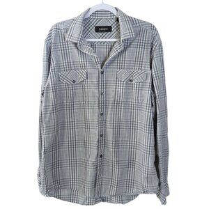 Men's Jeffrey Campbell Los Angeles plaid button down shirt, gray/white, size L